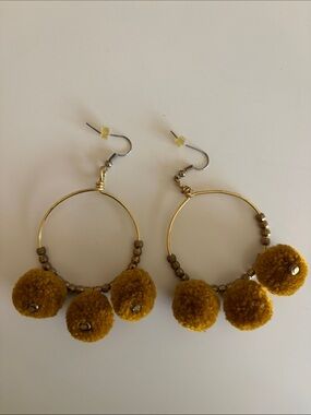 Noonday Collection Gold Hoop Earrings with Mustard Pom-Poms